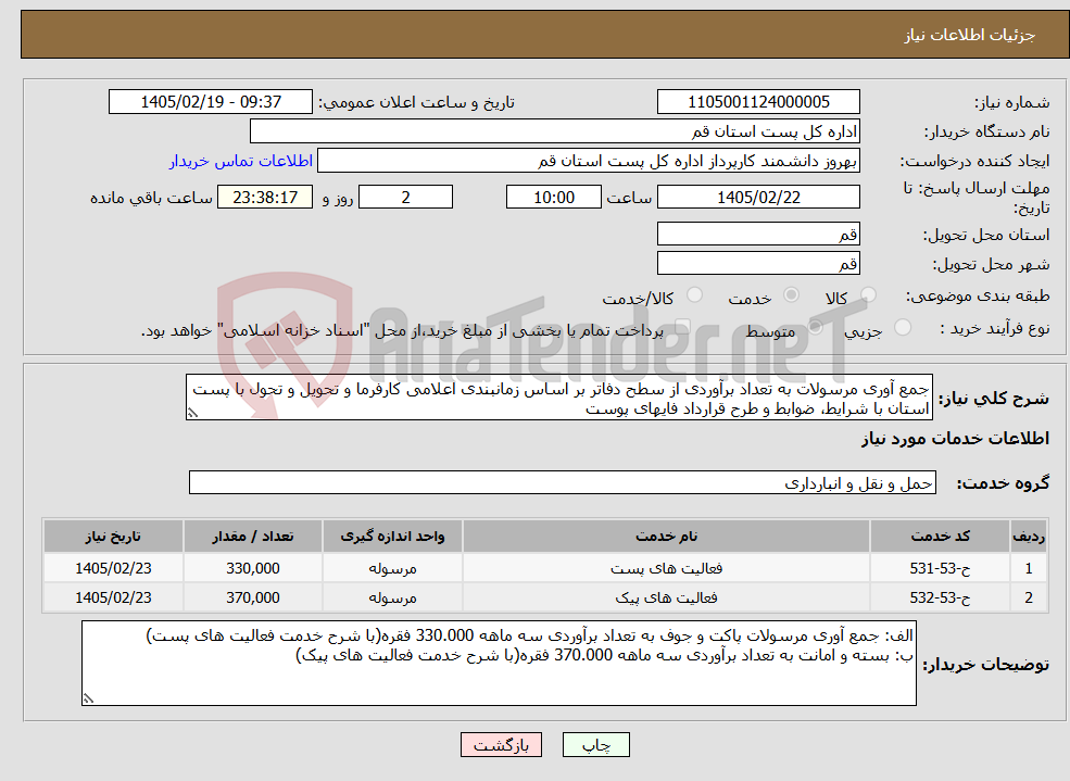 تصویر کوچک آگهی نیاز خدمات-جمع آوری مرسولات به تعداد برآوردی از سطح دفاتر بر اساس زمانبندی اعلامی کارفرما و تحویل و تحول با پست استان با شرایط، ضوابط و طرح قرارداد فایهای پوست