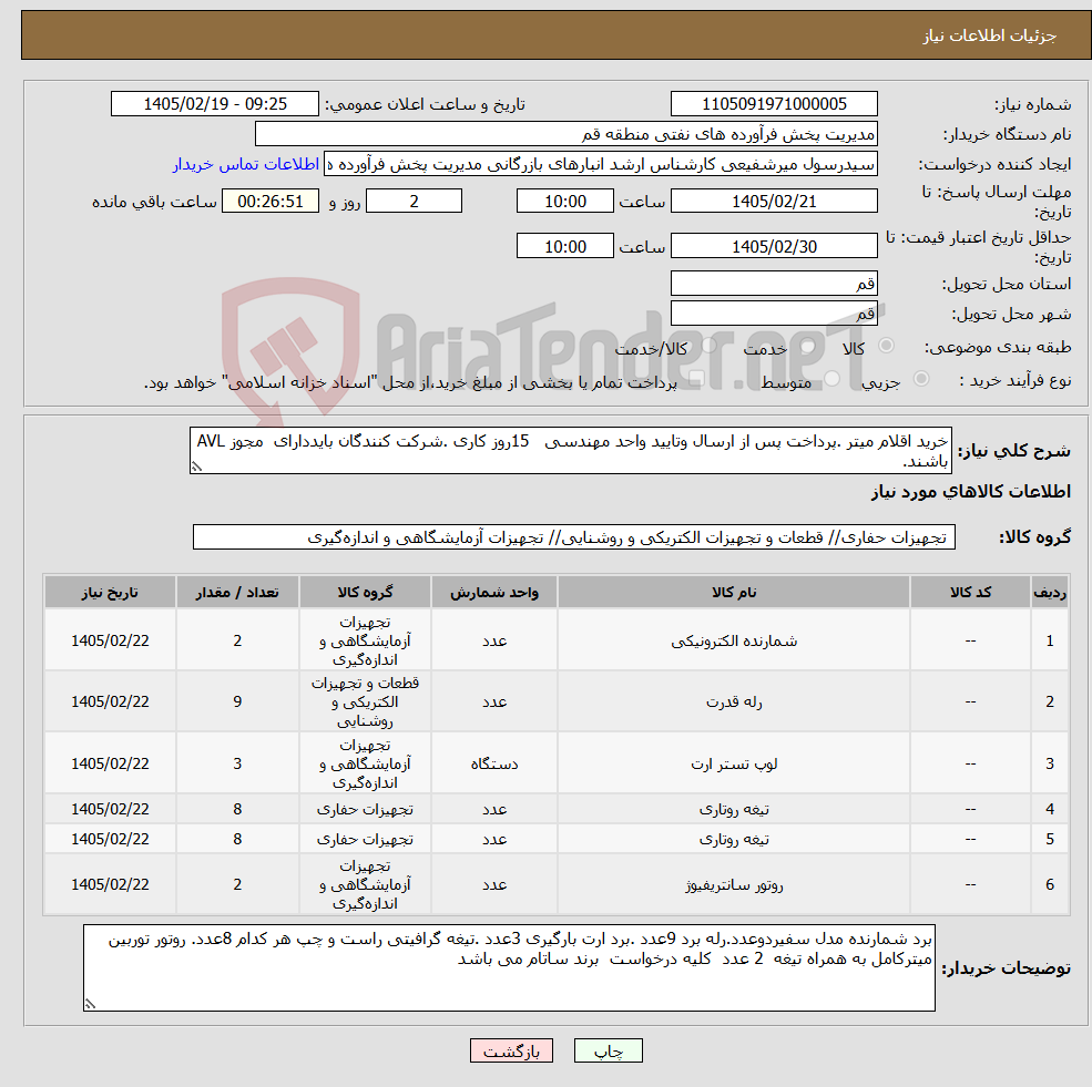 تصویر کوچک آگهی نیاز کالا-خرید اقلام میتر .پرداخت پس از ارسال وتایید واحد مهندسی 15روز کاری .شرکت کنندگان بایددارای مجوز AVL باشند.