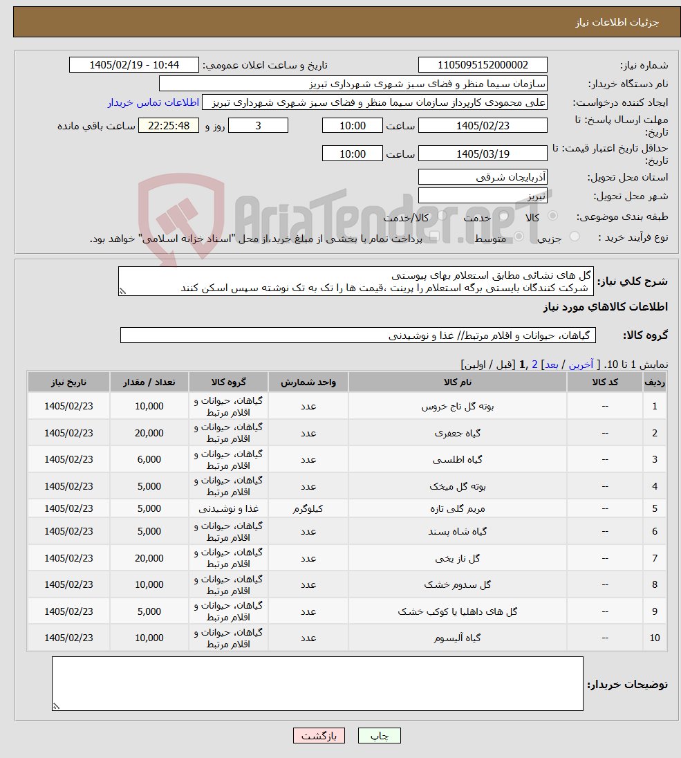 تصویر کوچک آگهی نیاز کالا-گل های نشائی مطابق استعلام بهای پیوستی شرکت کنندگان بایستی برگه استعلام را پرینت ،قیمت ها را تک به تک نوشته سپس اسکن کنند