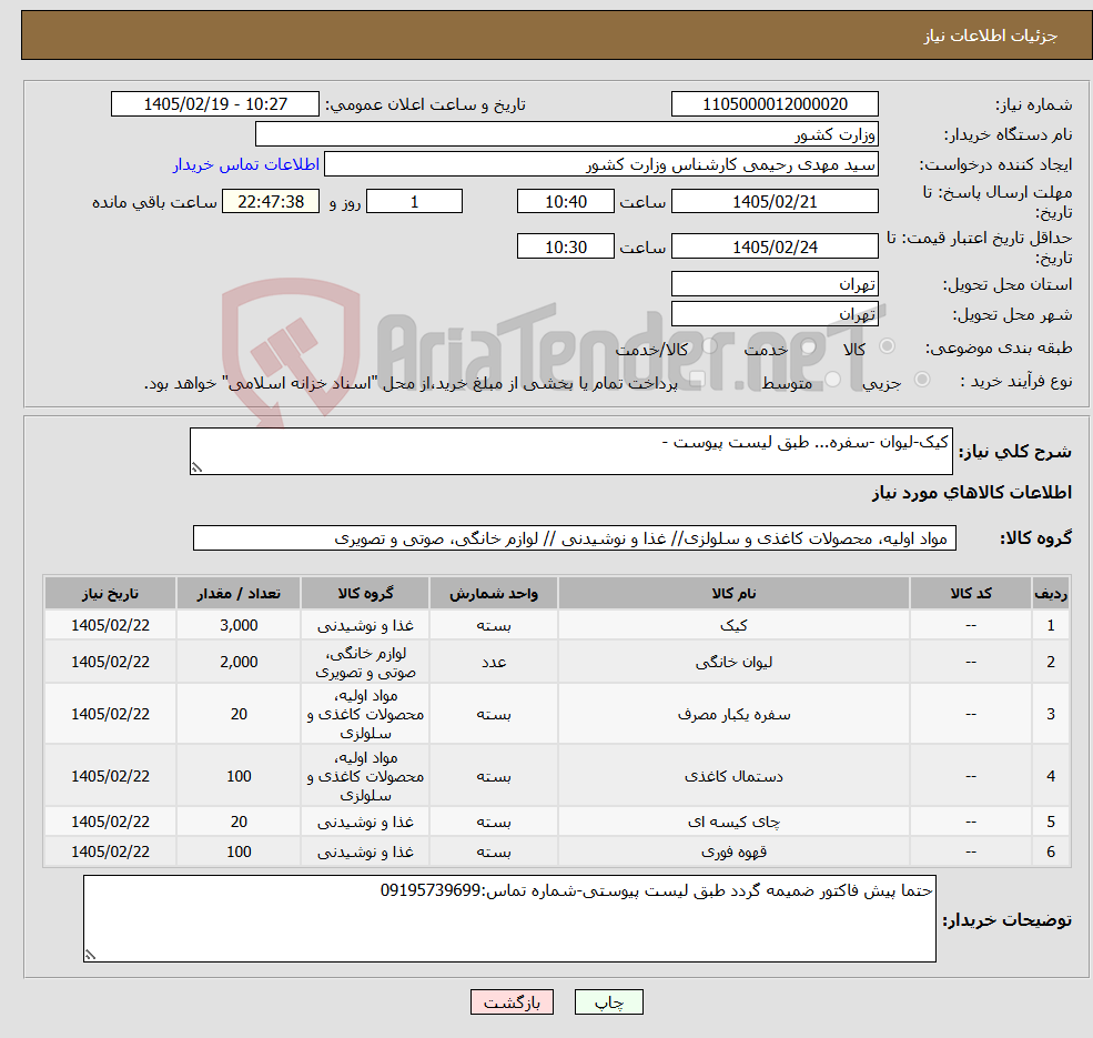 تصویر کوچک آگهی نیاز کالا-کیک-لیوان -سفره... طبق لیست پیوست -