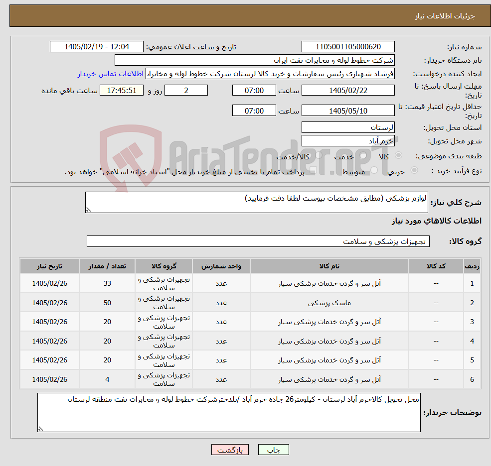 تصویر کوچک آگهی نیاز کالا-لوازم پزشکی (مطابق مشخصات پیوست لطفا دقت فرمایید)