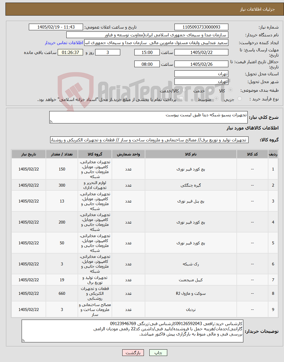 تصویر کوچک آگهی نیاز کالا-تجهیزات پسیو شبکه دیتا طبق لیست پیوست