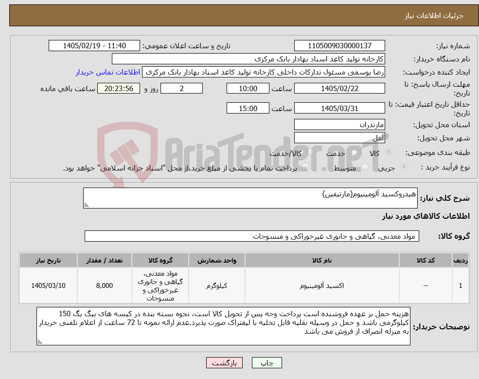 تصویر کوچک آگهی نیاز کالا-هیدروکسید آلومینیوم(مارتیفین)