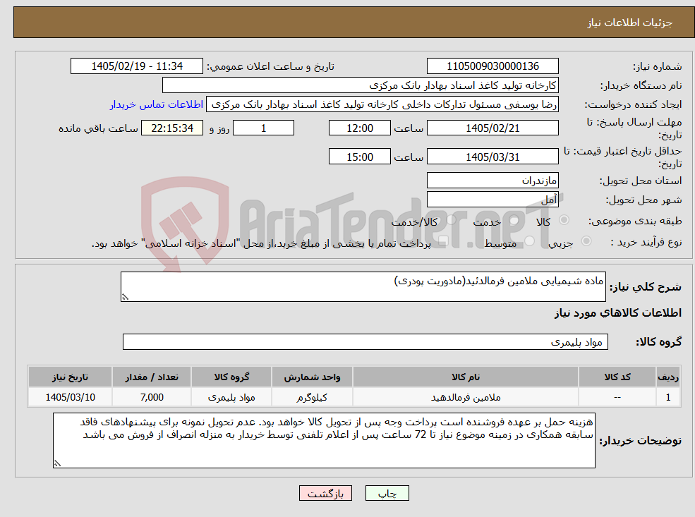 تصویر کوچک آگهی نیاز کالا-ماده شیمیایی ملامین فرمالدئید(مادوریت پودری)