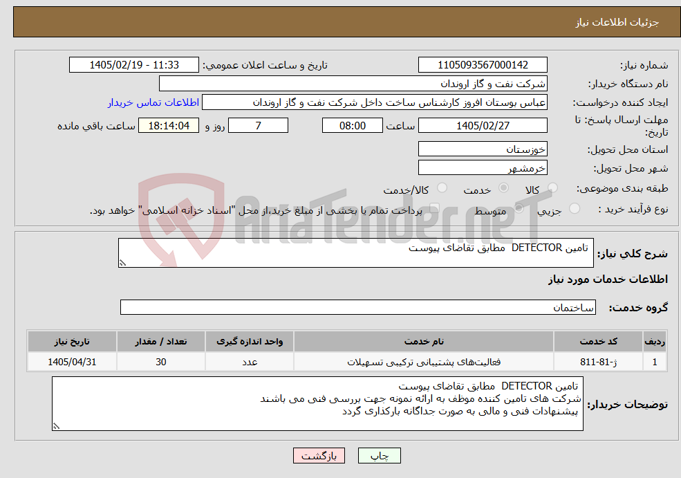تصویر کوچک آگهی نیاز خدمات- تامین DETECTOR مطابق تقاضای پیوست 
