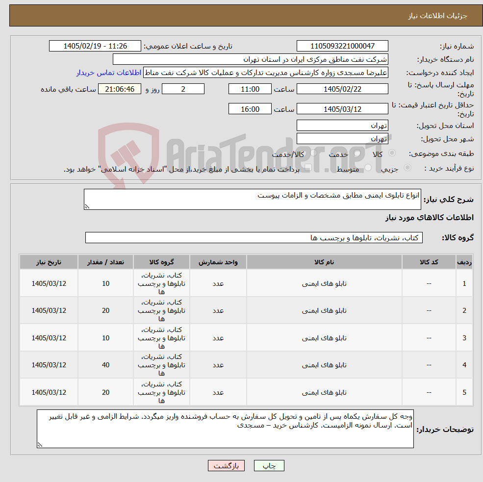 تصویر کوچک آگهی نیاز کالا-انواع تابلوی ایمنی مطابق مشخصات و الزامات پیوست