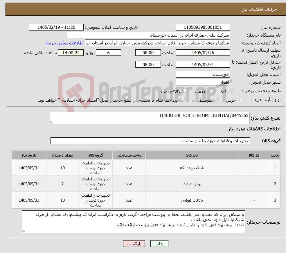 تصویر کوچک آگهی نیاز کالا-TURBO OIL /OIL CIRCUMFERENTIAL/0445265