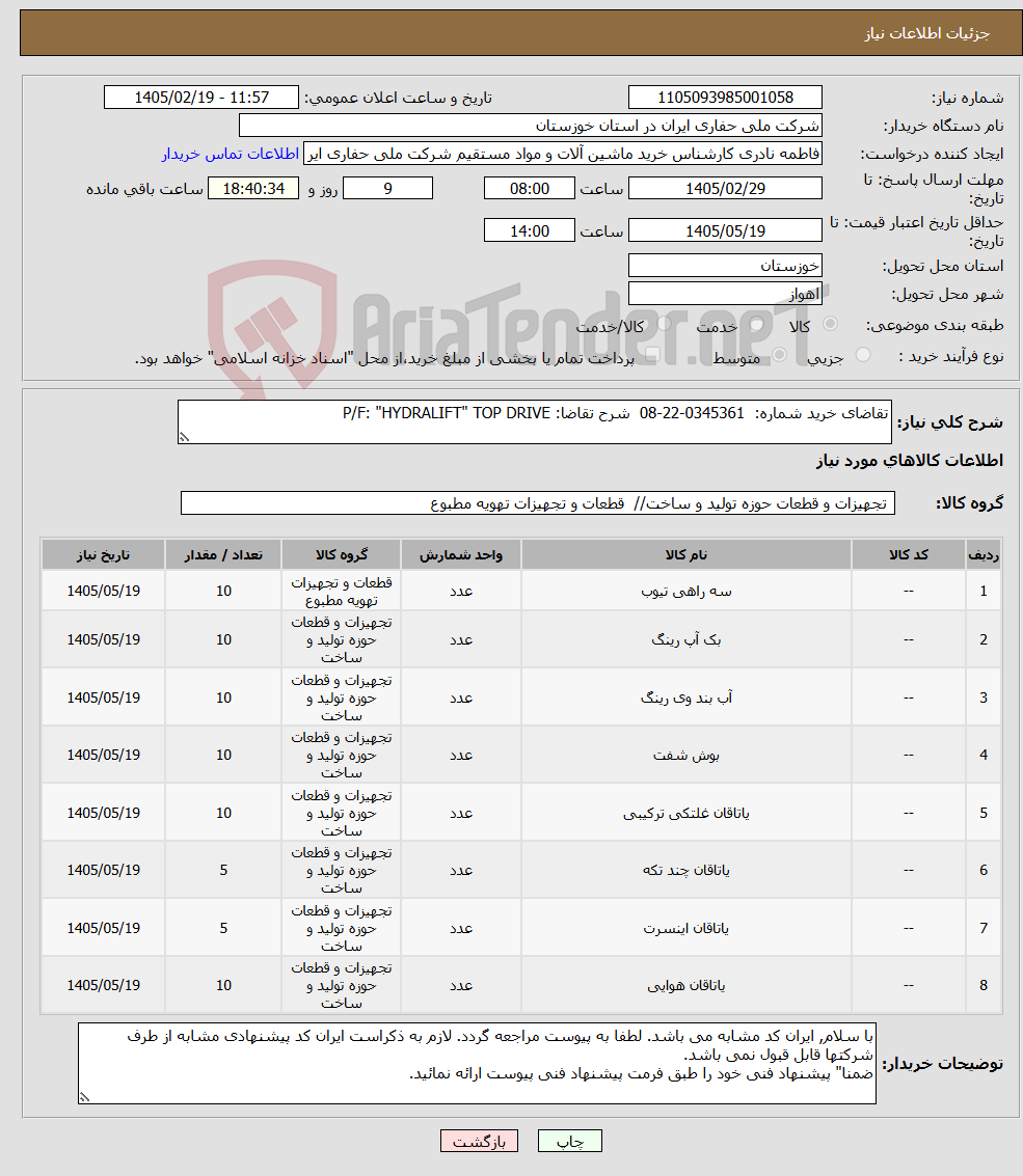 تصویر کوچک آگهی نیاز کالا-تقاضای خرید شماره: 0345361-22-08 شرح تقاضا: P/F: "HYDRALIFT" TOP DRIVE