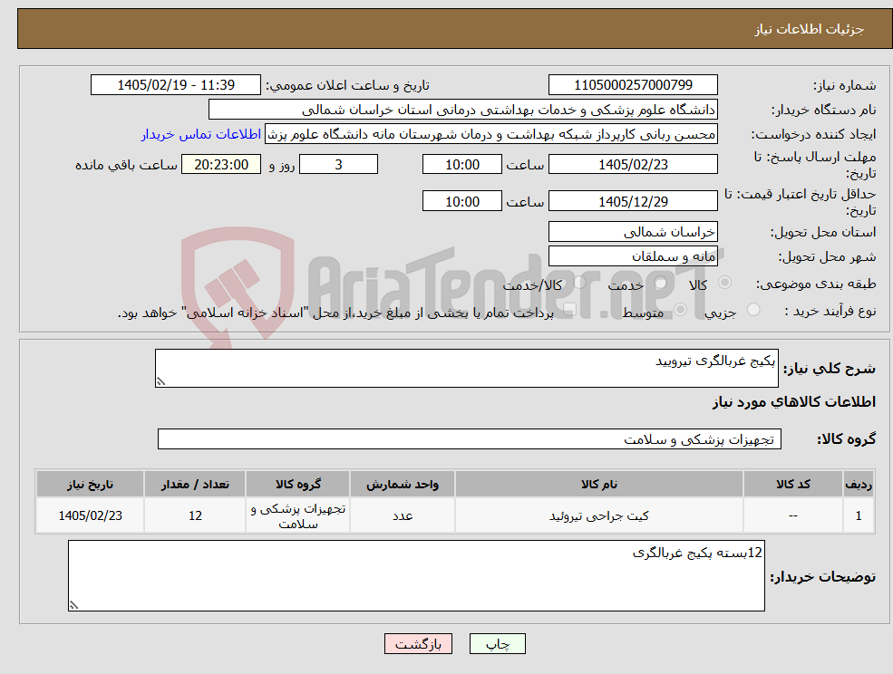 تصویر کوچک آگهی نیاز کالا-پکیج غربالگری تیرویید