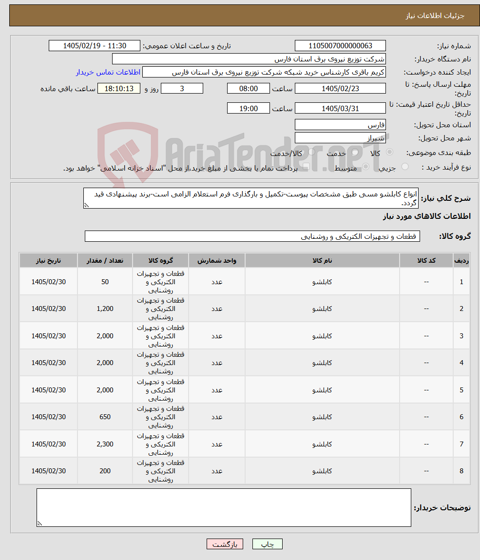 تصویر کوچک آگهی نیاز کالا-انواع کابلشو مسی طبق مشخصات پیوست-تکمیل و بارگذاری فرم استعلام الزامی است-برند پیشنهادی قید گردد.