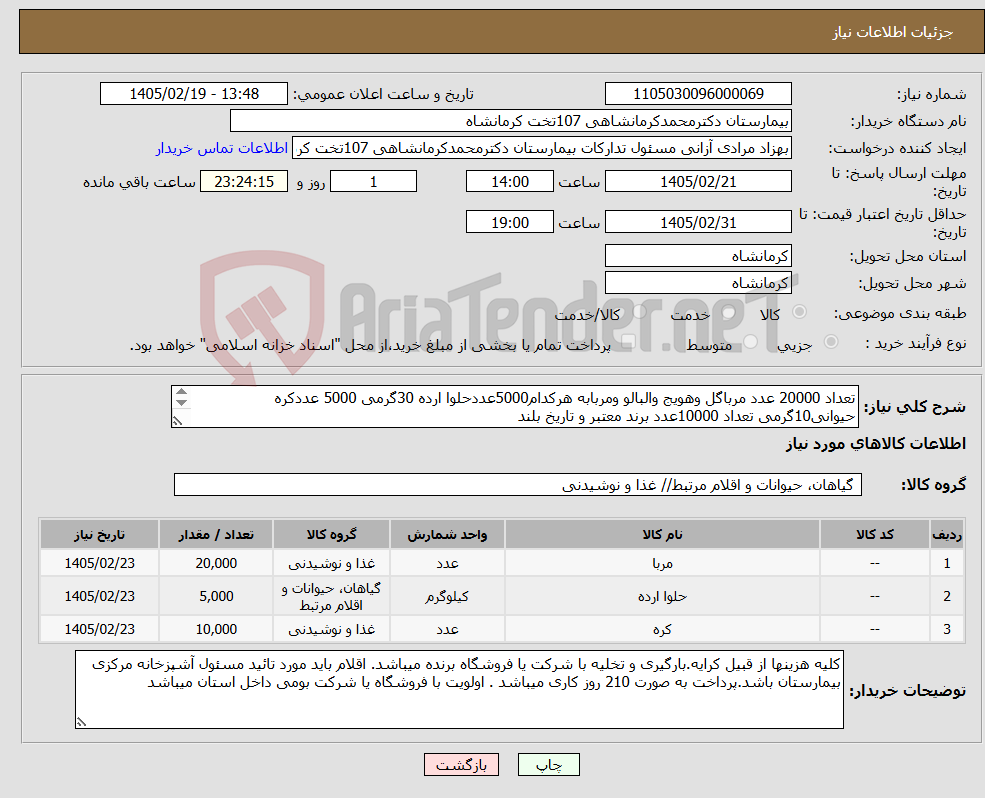 تصویر کوچک آگهی نیاز کالا-تعداد 20000 عدد مرباگل وهویج والبالو ومربابه هرکدام5000عددحلوا ارده 30گرمی 5000 عددکره حیوانی10گرمی تعداد 10000عدد برند معتبر و تاریخ بلند 