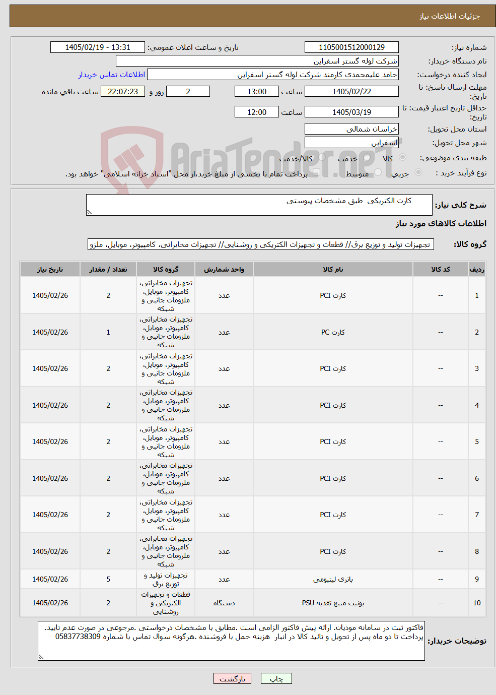 تصویر کوچک آگهی نیاز کالا- کارت الکتریکی طبق مشخصات پیوستی