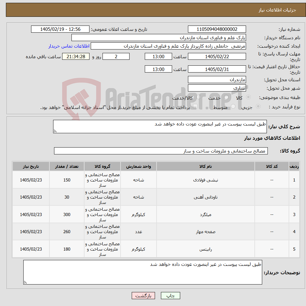 تصویر کوچک آگهی نیاز کالا-طبق لیست پیوست در غیر اینصورت عودت داده خواهد شد