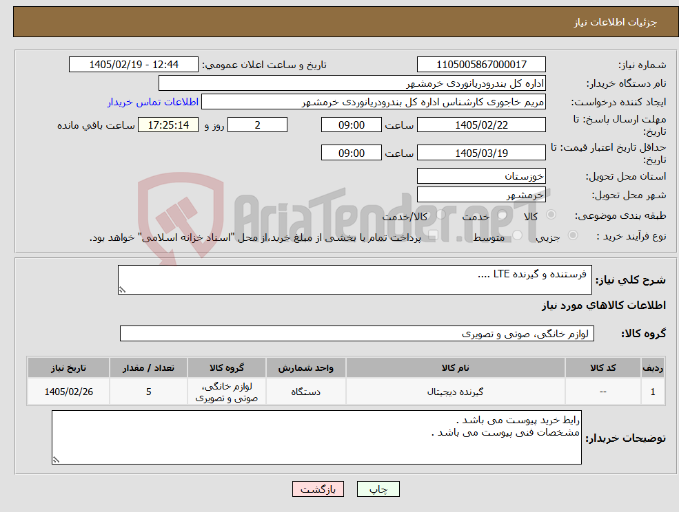 تصویر کوچک آگهی نیاز کالا- فرستنده و گیرنده LTE ....