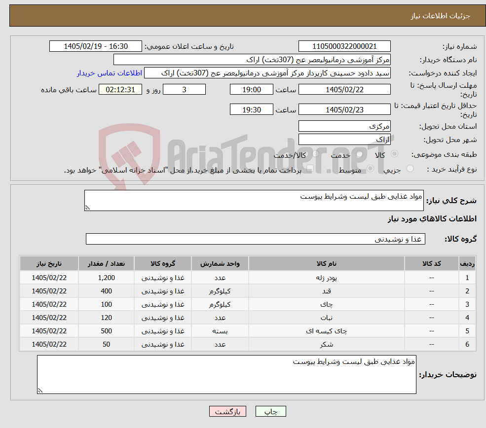 تصویر کوچک آگهی نیاز کالا-مواد غذایی طبق لیست وشرایط پیوست 