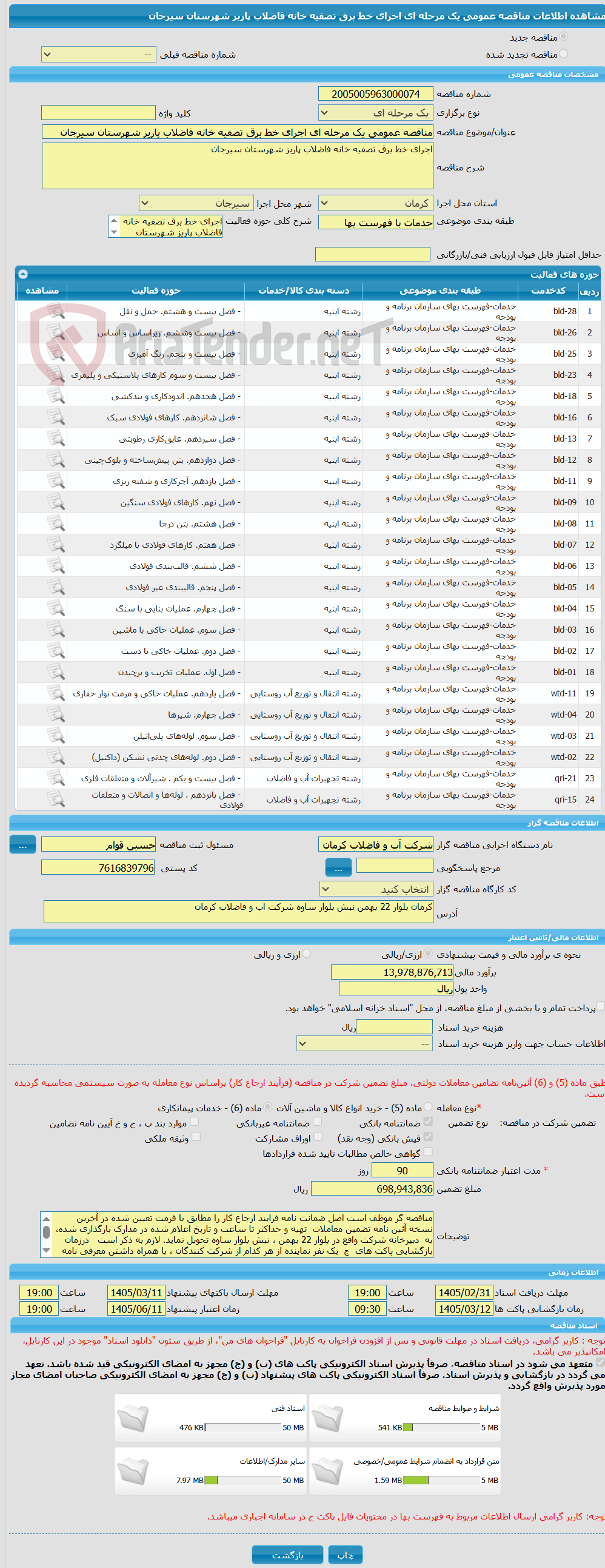 تصویر کوچک آگهی مناقصه عمومی یک مرحله ای اجرای خط برق تصفیه خانه فاضلاب پاریز شهرستان سیرجان