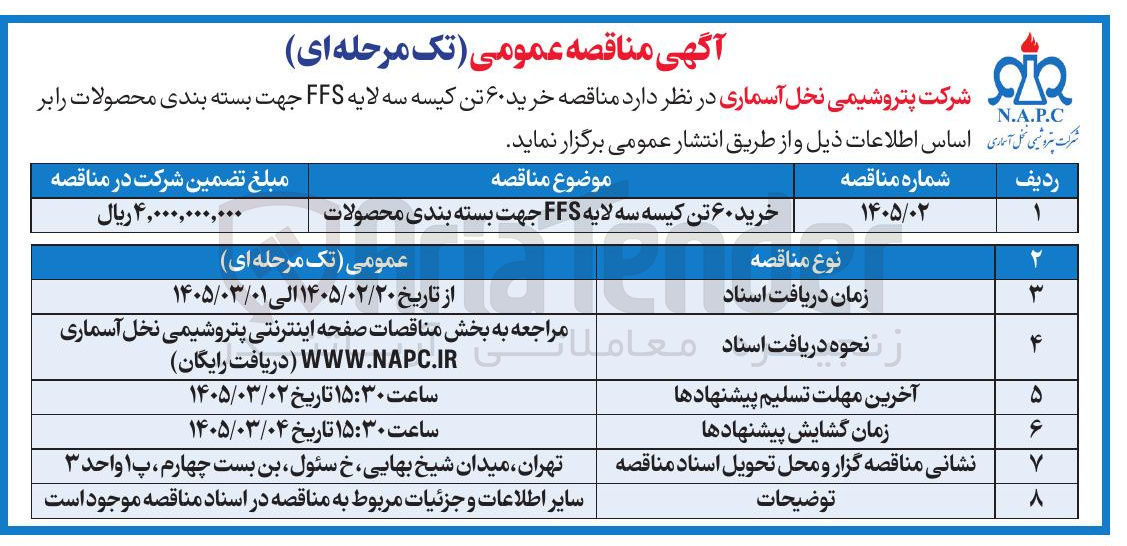 تصویر کوچک آگهی خرید ۶۰ تن کیسه سه لایه FFS جهت بسته بندی محصولات