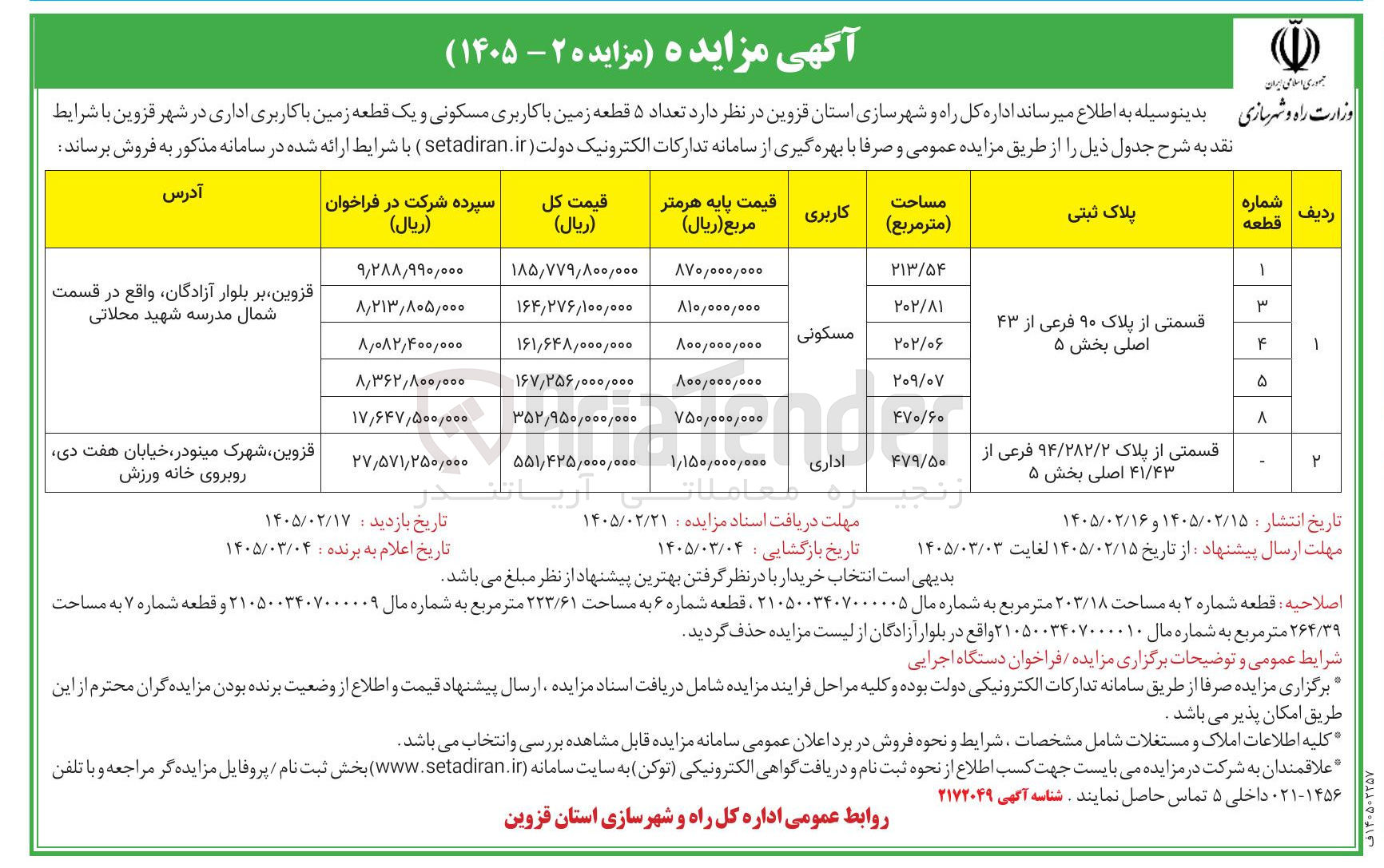 تصویر کوچک آگهی فروش تعداد ۵ قطعه زمین با کاربری مسکونی و یک قطعه زمین با کاربری اداری