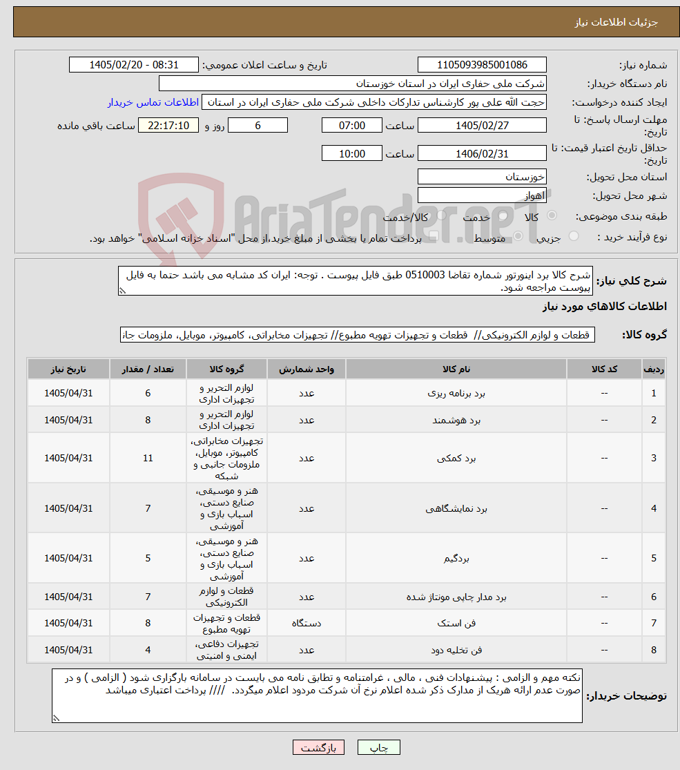 تصویر کوچک آگهی نیاز کالا-شرح کالا برد اینورتور شماره تقاضا 0510003 طبق فایل پیوست . توجه: ایران کد مشابه می باشد حتما به فایل پیوست مراجعه شود. 