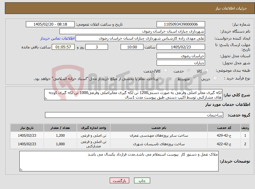 تصویر کوچک آگهی نیاز خدمات-لکه گیری معابر اصلی وفرعی به صورت دستی1200 تن لکه گیری معابراصلی وفرعی1000 تن لکه گیری کوچه های مشارکتی توسط اکیپ دستی طبق پیوست مدت 1سال