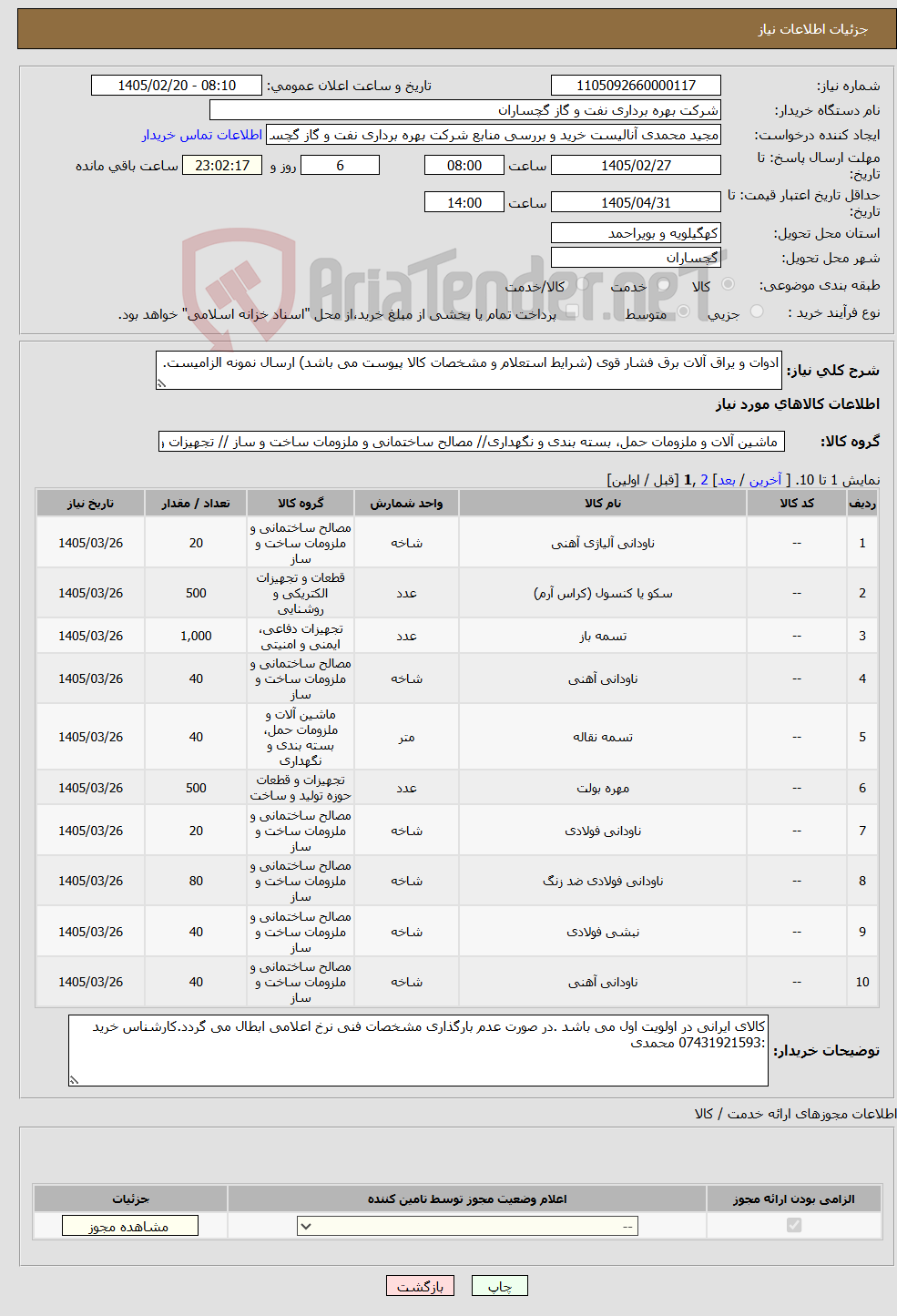 تصویر کوچک آگهی نیاز کالا-ادوات و یراق آلات برق فشار قوی (شرایط استعلام و مشخصات کالا پیوست می باشد) ارسال نمونه الزامیست.
