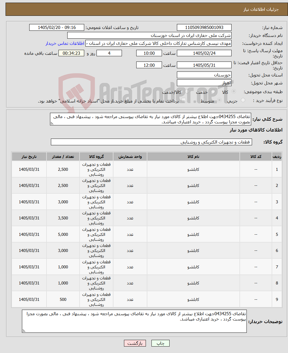 تصویر کوچک آگهی نیاز کالا-تقاضای 0434255جهت اطلاع بیشتر از کالای مورد نیاز به تقاضای پیوستی مراجعه شود ، پیشنهاد فنی ، مالی بصورت مجزا پیوست گردد ، خرید اعتباری میباشد.
