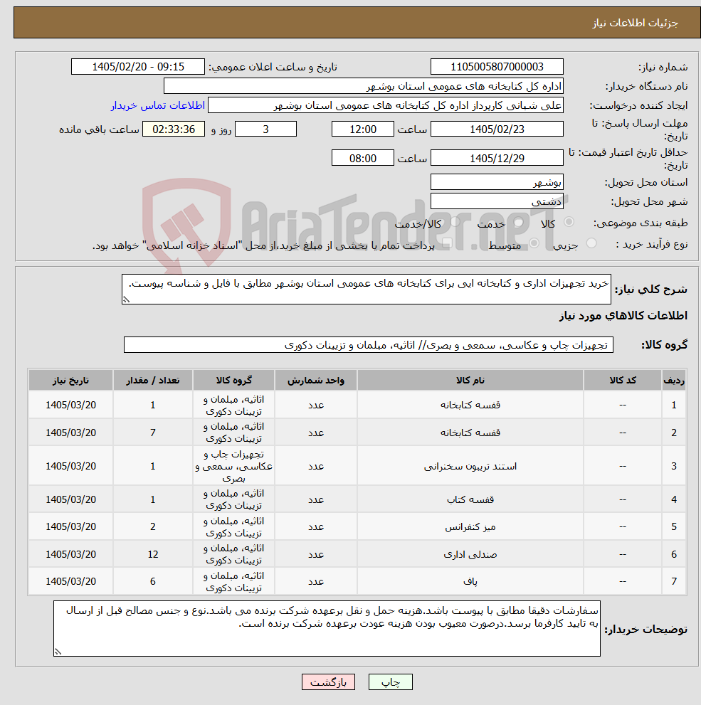 تصویر کوچک آگهی نیاز کالا-خرید تجهیزات اداری و کتابخانه ایی برای کتابخانه های عمومی استان بوشهر مطابق با فایل و شناسه پیوست.