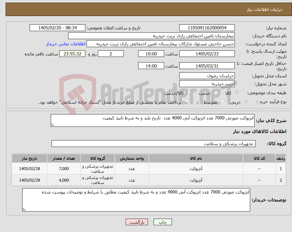 تصویر کوچک آگهی نیاز کالا-انژیوکت صورتی 7000 عدد انژیوکت آبی 4000 عدد تاریخ بلند و به شرط تایید کیفیت