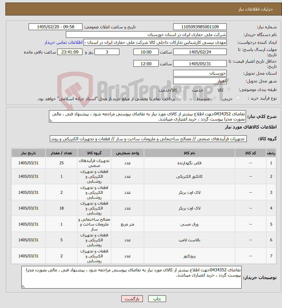 تصویر کوچک آگهی نیاز کالا-تقاضای 0434352جهت اطلاع بیشتر از کالای مورد نیاز به تقاضای پیوستی مراجعه شود ، پیشنهاد فنی ، مالی بصورت مجزا پیوست گردد ، خرید اعتباری میباشد.
