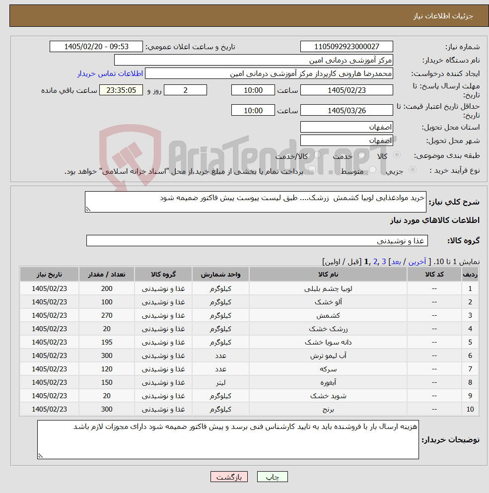 تصویر کوچک آگهی نیاز کالا-خرید موادغذایی لوبیا کشمش زرشک.... طبق لیست پیوست پیش فاکتور ضمیمه شود