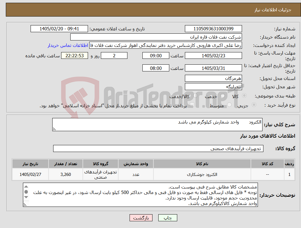 تصویر کوچک آگهی نیاز کالا-الکترود واحد شمارش کیلوگرم می باشد 