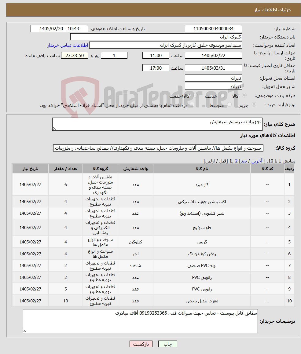 تصویر کوچک آگهی نیاز کالا-تجهیزات سیستم سرمایش