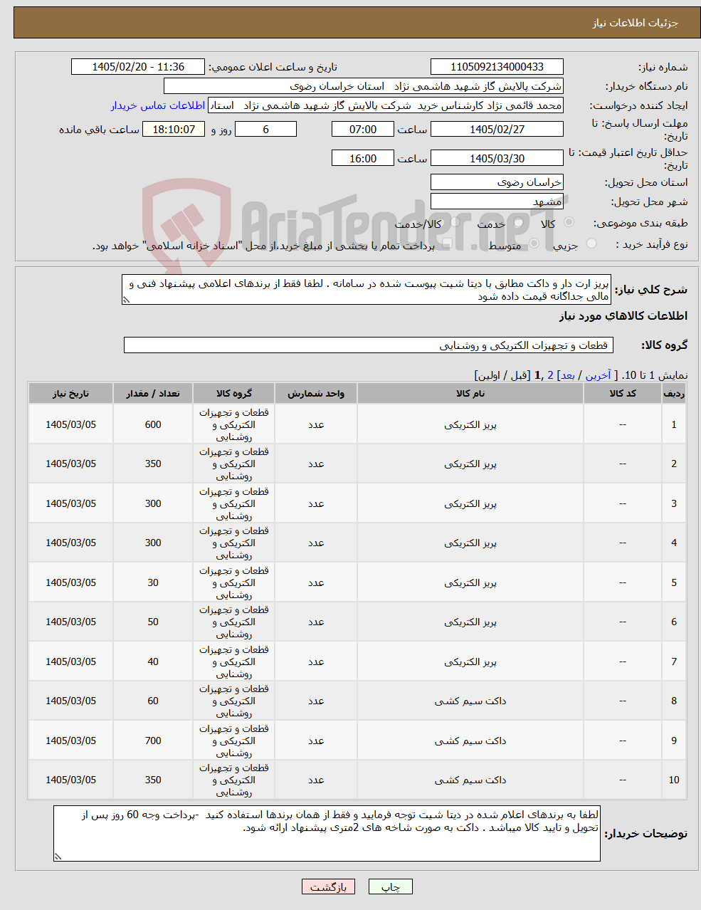 تصویر کوچک آگهی نیاز کالا-پریز ارت دار و داکت مطابق با دیتا شیت پیوست شده در سامانه . لطفا فقط از برندهای اعلامی پیشنهاد فنی و مالی جداگانه قیمت داده شود