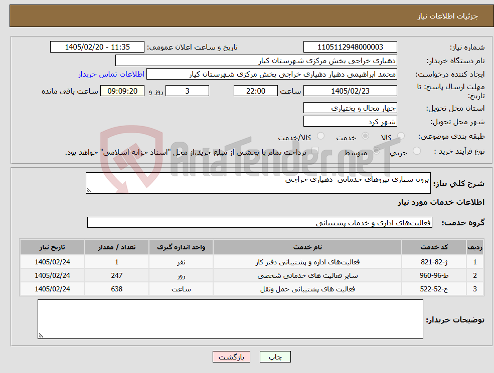 تصویر کوچک آگهی نیاز خدمات-برون سپاری نیروهای خدماتی دهیاری خراجی