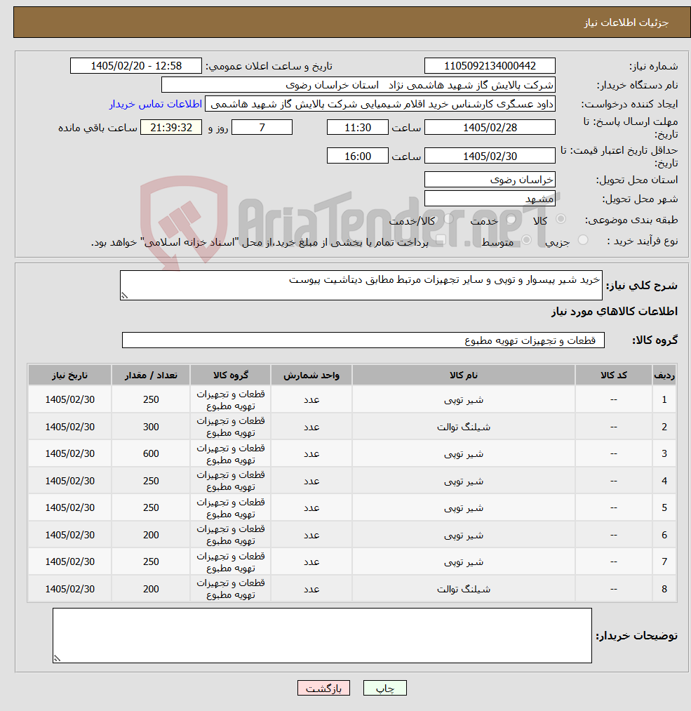تصویر کوچک آگهی نیاز کالا-خرید شیر پیسوار و توپی و سایر تجهیزات مرتبط مطابق دیتاشیت پیوست