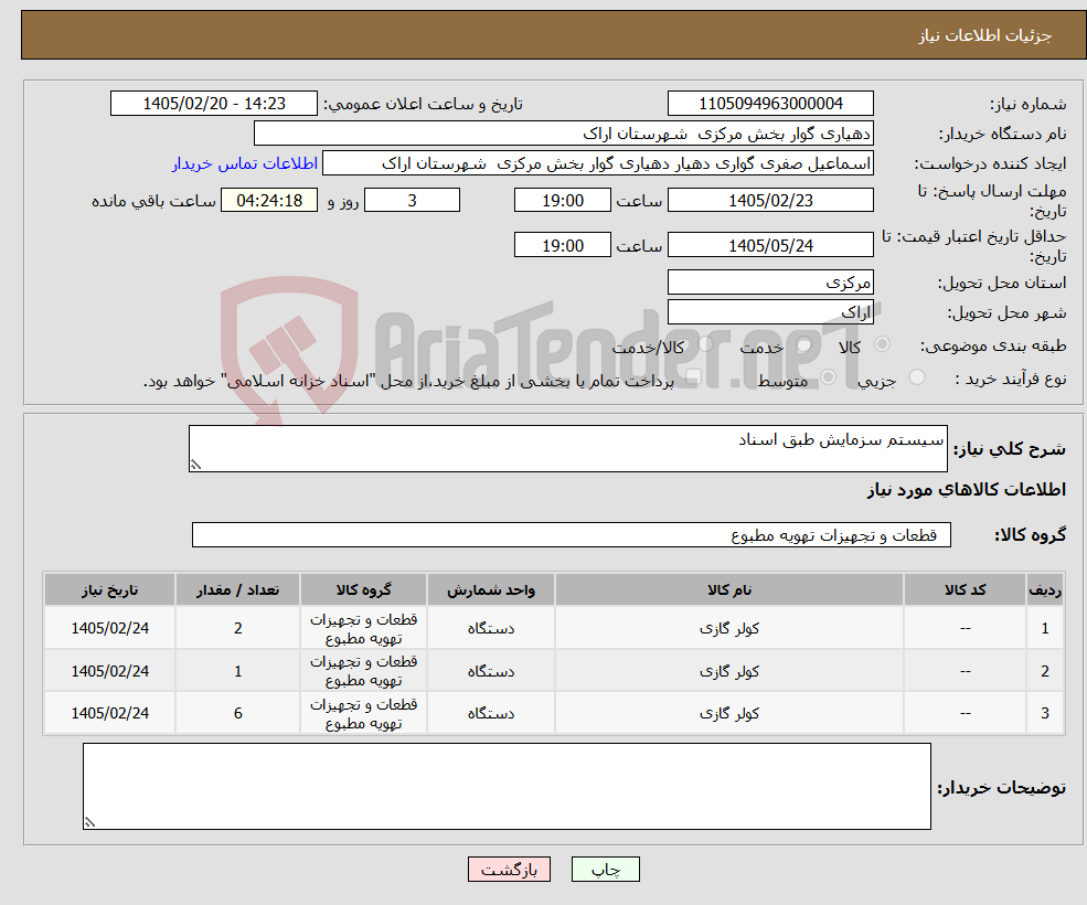 تصویر کوچک آگهی نیاز کالا-سیستم سزمایش طبق اسناد
