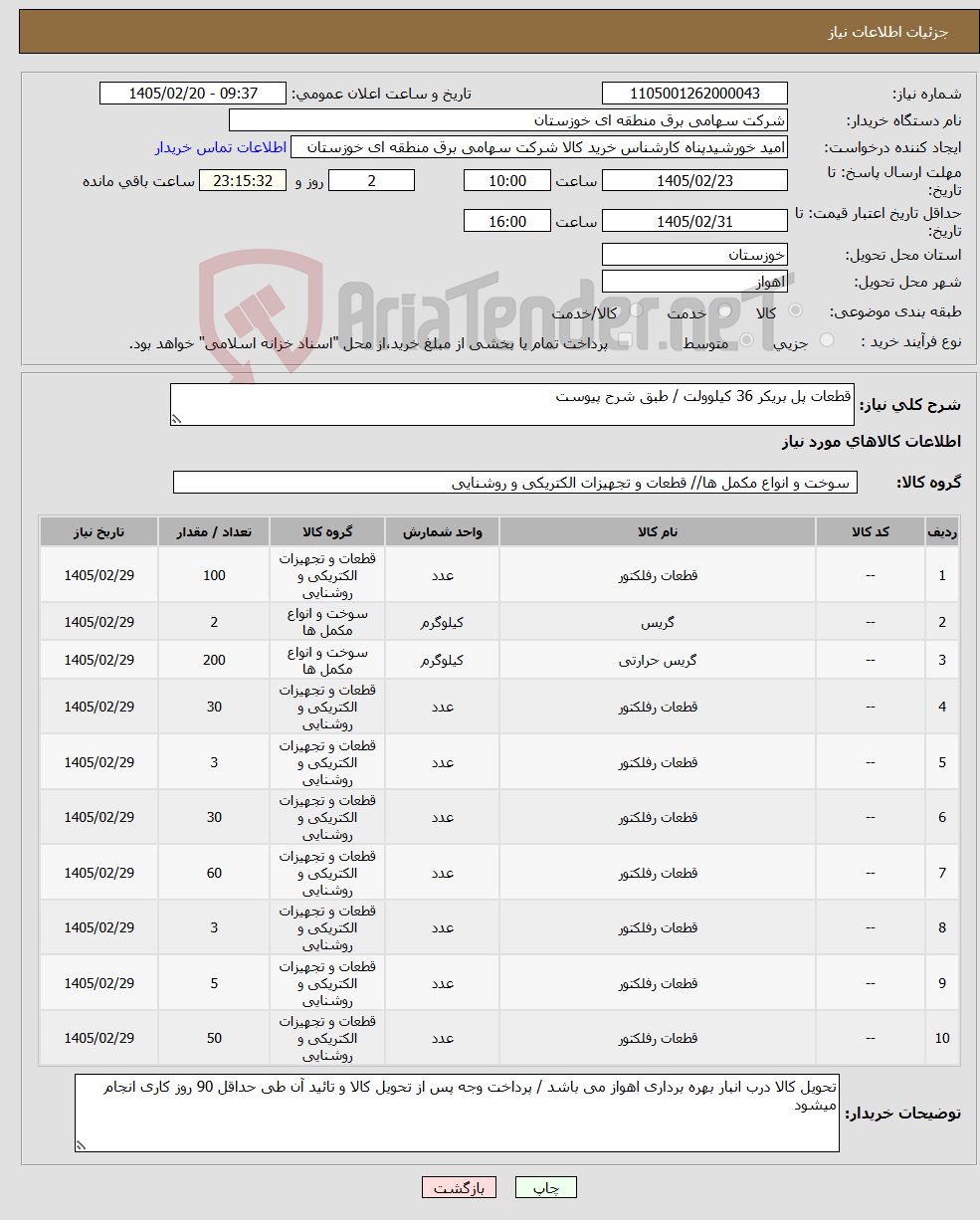 تصویر کوچک آگهی نیاز کالا-قطعات پل بریکر 36 کیلوولت / طبق شرح پیوست 