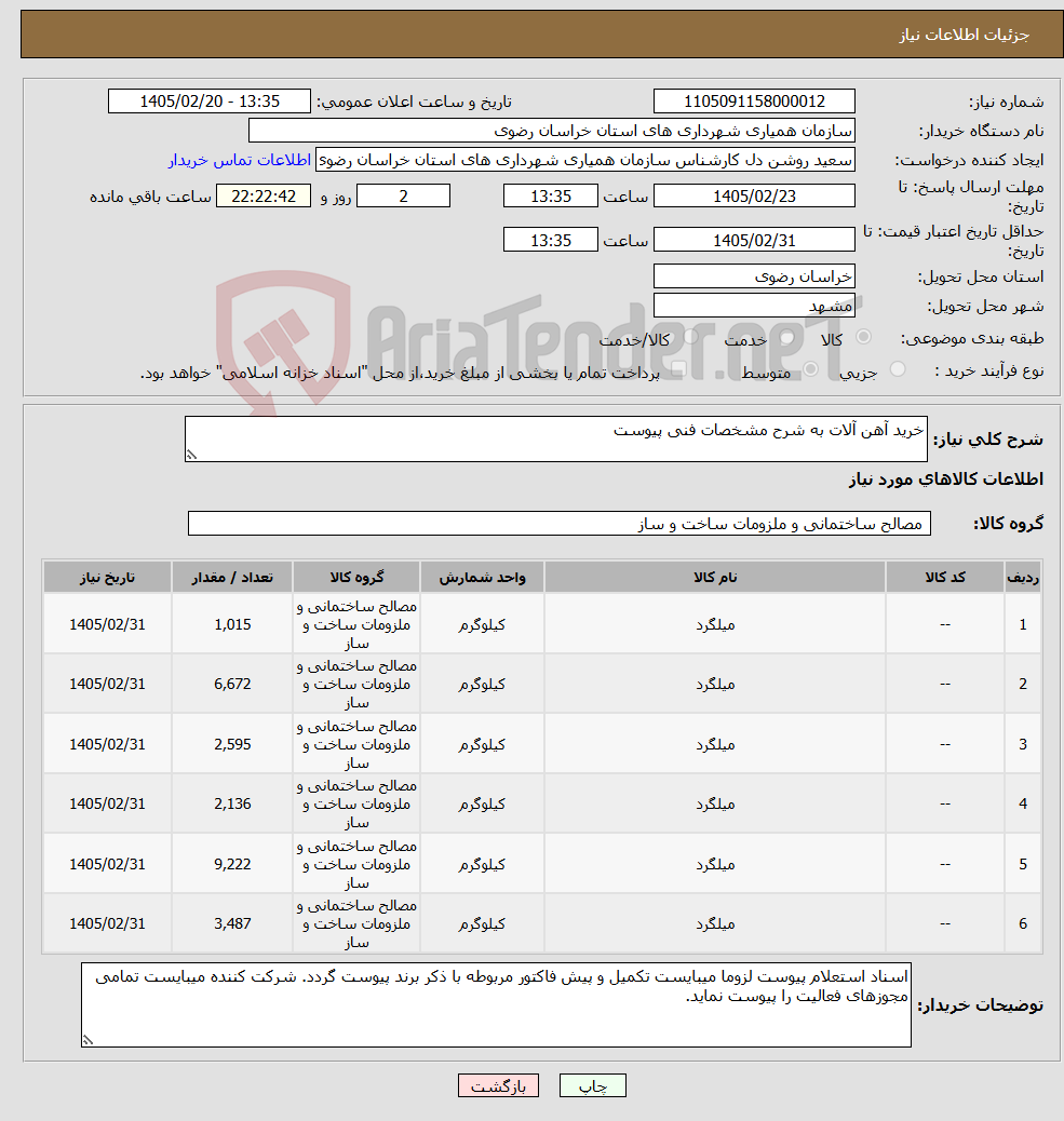 تصویر کوچک آگهی نیاز کالا-خرید آهن آلات به شرح مشخصات فنی پیوست
