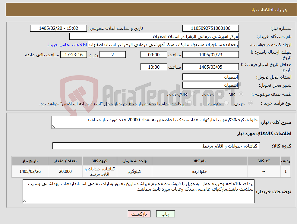 تصویر کوچک آگهی نیاز کالا-حلوا شکری30گرمی با مارکهای عقاب،بیدک یا عاصمی به تعداد 20000 عدد مورد نیاز میباشد.