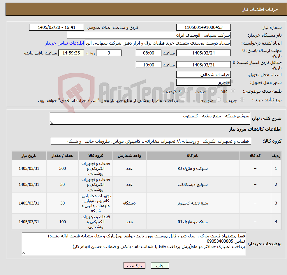 تصویر کوچک آگهی نیاز کالا-سوئیچ شبکه - منبع تغذیه - کیستون