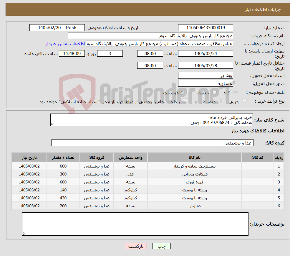 تصویر کوچک آگهی نیاز کالا-خرید پذیرائی خرداد ماه هماهنگی : 09179796824 نجفی