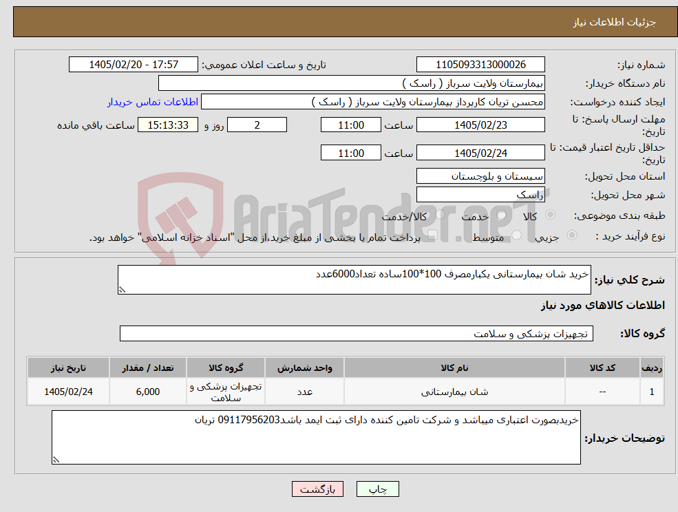 تصویر کوچک آگهی نیاز کالا-خرید شان بیمارستانی یکبارمصرف 100*100ساده تعداد6000عدد