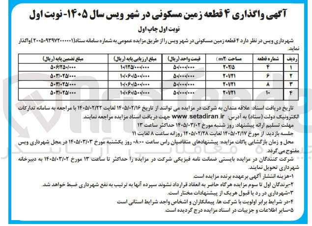 تصویر کوچک آگهی واگذاری ۴ قطعه زمین مسکونی