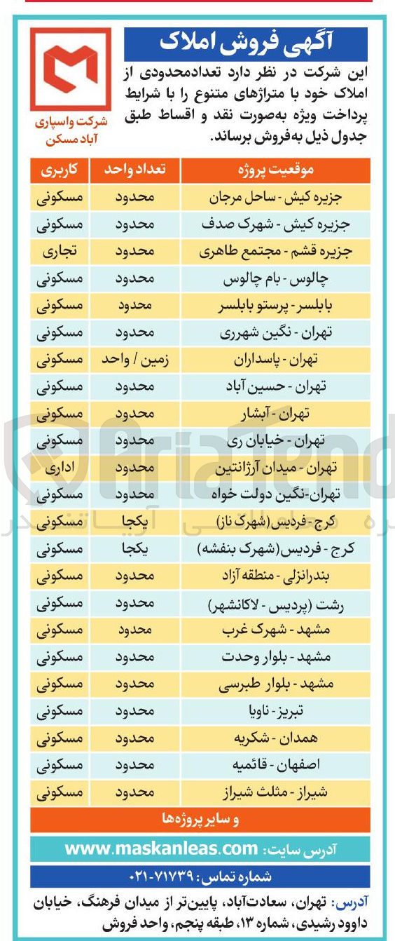 تصویر کوچک آگهی فروش تعداد محدودی از املاک