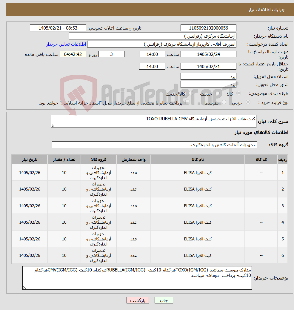 تصویر کوچک آگهی نیاز کالا-کیت های الایزا تشخیصی آزمایشگاه TOXO-RUBELLA-CMV