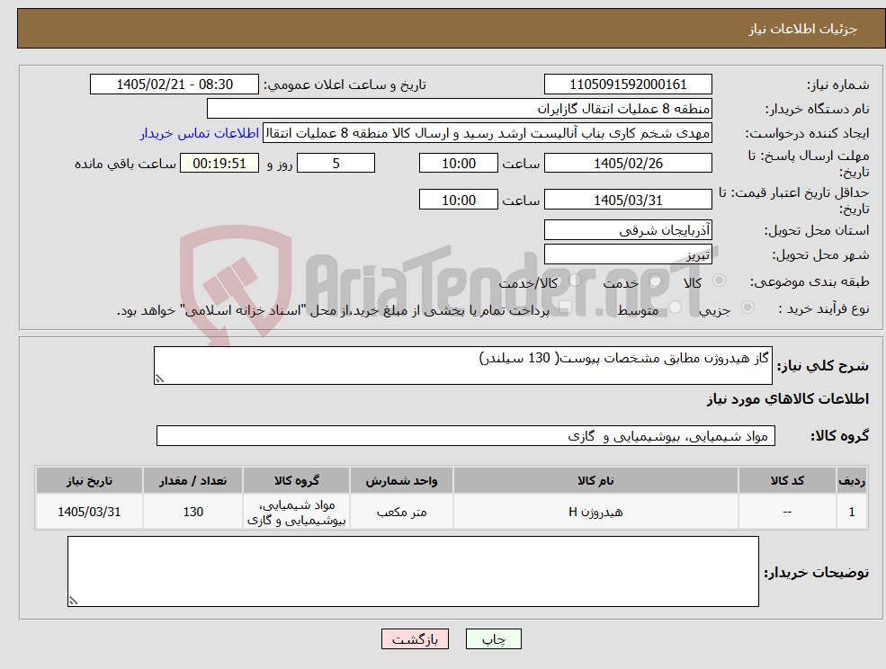 تصویر کوچک آگهی نیاز کالا-گاز هیدروژن مطابق مشخصات پیوست( 130 سیلندر)