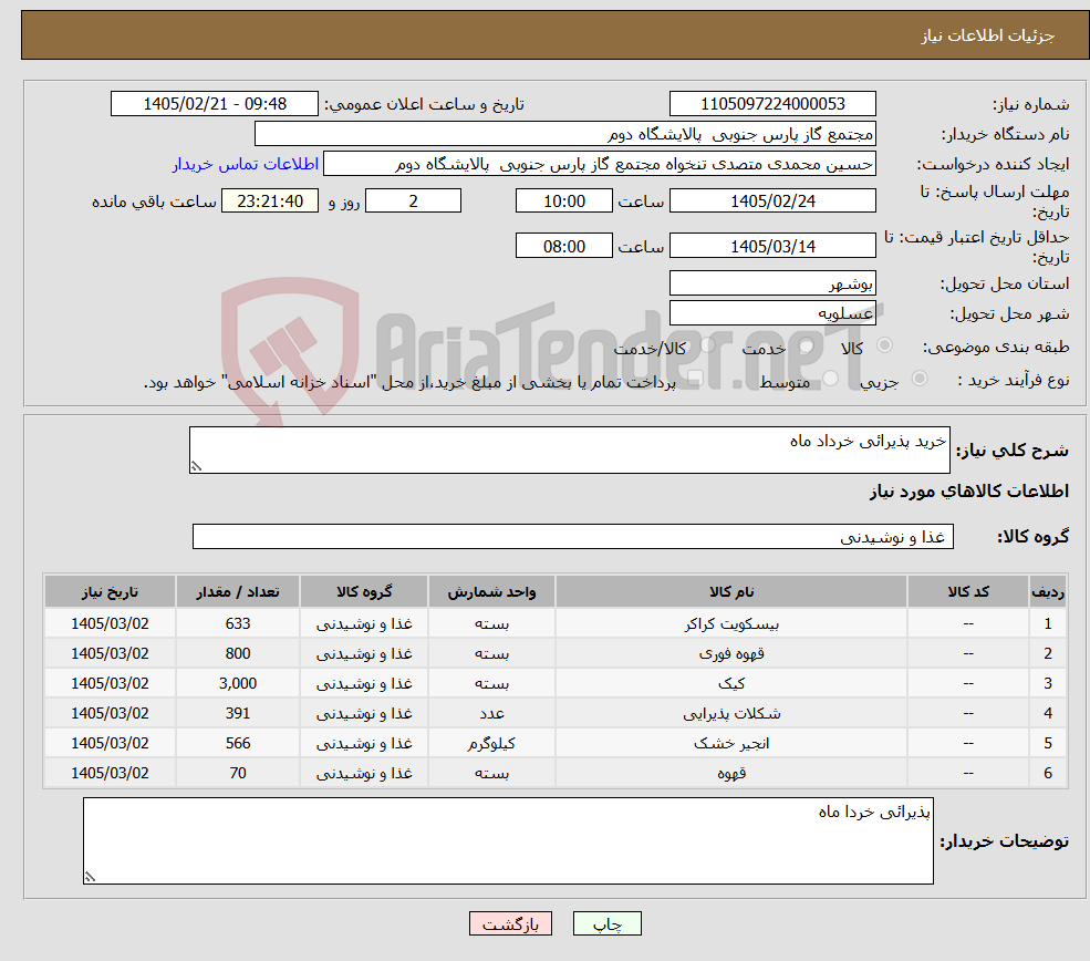 تصویر کوچک آگهی نیاز کالا-خرید پذیرائی خرداد ماه