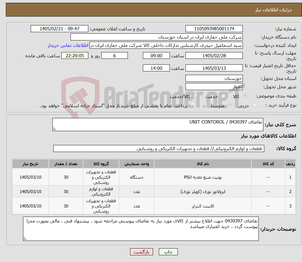تصویر کوچک آگهی نیاز کالا-تقاضای 0430397 / UNIT CONTOROL