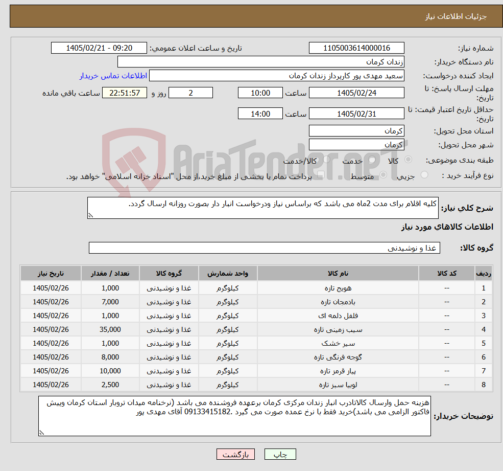 تصویر کوچک آگهی نیاز کالا-کلیه اقلام برای مدت 2ماه می باشد که براساس نیاز ودرخواست انبار دار بصورت روزانه ارسال گردد.