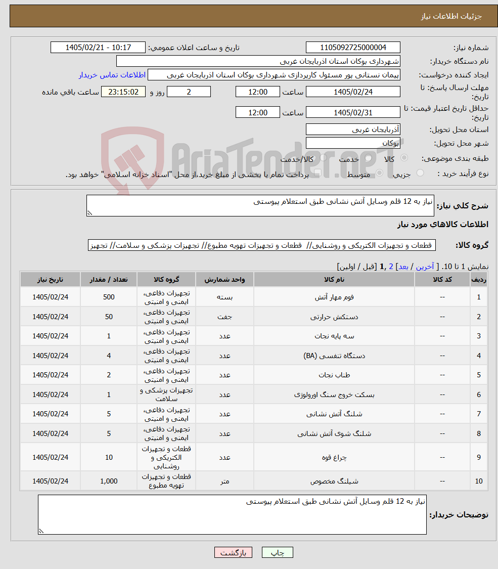 تصویر کوچک آگهی نیاز کالا-نیاز به 12 قلم وسایل آتش نشانی طبق استعلام پیوستی